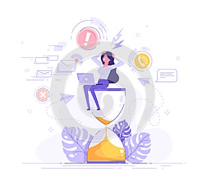 Tired and exasperated business woman is sitting on an hourglass and grabbed his head with business process icons and infographics
