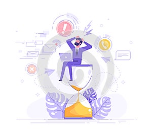 Tired and exasperated office worker is sitting on an hourglass and grabbed his head with business process icons and infographics