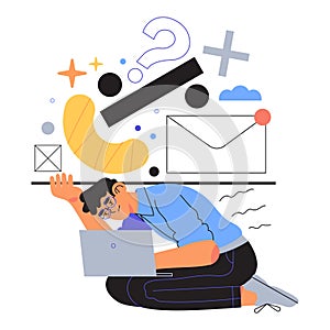 Tired and exhausted employee work under pressure. Stressful job, professional burnout, deadline concept