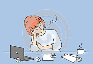 Tired and exhausted girl sitting at the table. Work overload and overtime work at home for women. Business woman works at the