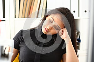 Tired and exhausted woman have a lot of work with documents fall asleep