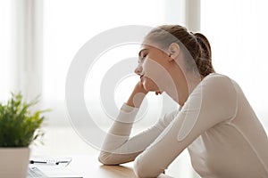 Tired exhausted woman sitting at desk falling asleep, working too long