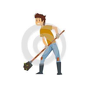 Tired farmer digging the earth with a shovel, hard work, farm worker with gardening tool vector Illustration on a white