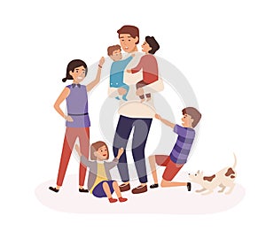 Tired father having many children flat vector illustration. Daddy sitting at home with babies. Tiredness, weariness photo