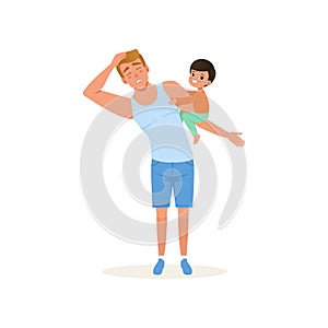 Tired father and his naughty son, parenting stress concept, relationship between children and parents vector