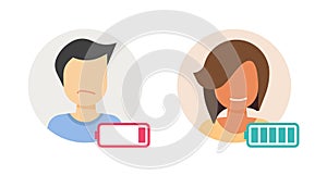 Tired fatigue vitality low battery power energy on person man icon vector graphic illustration set, full empty vital mental health