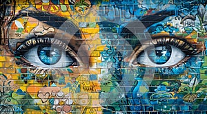 Tired female eyes close up portrait as graffiti mural wall painted in yellow and blue Ukrainian flag colors with art object