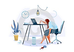 Tired female office worker sitting on the chair and trying work at the computer. Burnout concept vector background