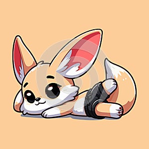 A tired Fennec Fox laying on his stomach with his legs stretched