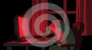 Tired Frog Coder Working Late at Night