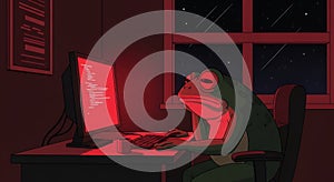 Tired Frog Coder Working Late at Night