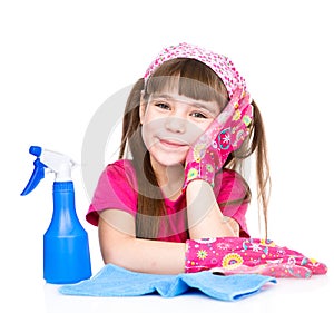 Tired girl with equipment for cleaning the house. isolated on white