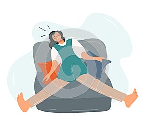 Tired girl sleeping on sofa Vector flat design with exhausted woman. The female character is resting after work