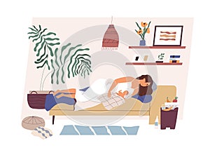 Tired and happy mom with newborn baby sleeping together in modern cozy room. Mother and child lying on bed. Colored flat