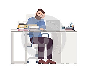 Tired male manager working on computer. Sad or exhausted bearded man at office. Stressful work, stress at workplace photo