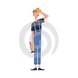 Tired Man Construction Worker Character Standing with Hammer Engaged in Roof Repair Vector Illustration