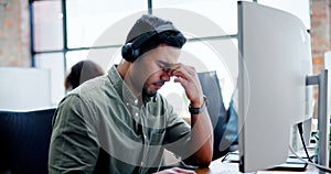 Tired man, consultant and call center with headache in stress, anxiety or burnout at office. Frustrated male person or