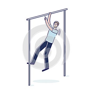 Tired man doing pullups on horizontal bar. Exhausted sweating cartoon guy working out