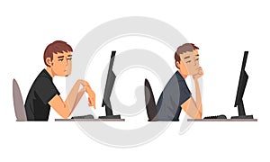 Tired Man in Front of Computer Screen Doing Work Routine in the Office Vector Set