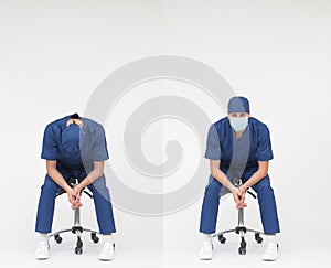 Tired man medical professional     sitting on mobile saddle - front view