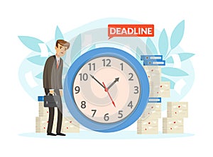 Tired Man Office Worker with Sad Face Having Urgent Deadline and Loads of Paperwork Vector Illustration