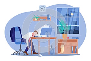 Tired man sleeping at the desk in office. Vector flat cartoon illustration. Workaholic, work stress and fatigue concept