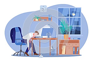 Tired man sleeping at the desk in office. Vector flat cartoon illustration. Workaholic, work stress and fatigue concept photo