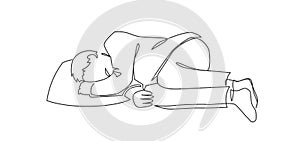 Tired man sleeping on pillow monochrome continuous line vector illustration simple hand drawn sketch