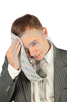 Tired Man with tie on a white photo