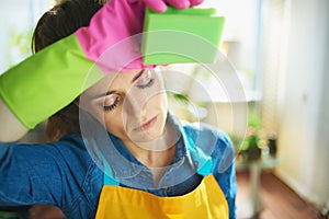 Woman with sponge housecleaning at modern home in sunny day photo