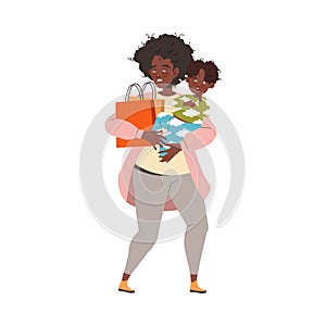 Tired Mom Holding Baby and Shopping Bag with Arms Feeling Stress and Exhaustion of Multitasking Vector Illustration