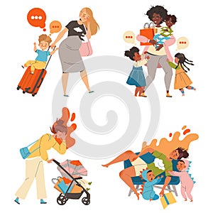 Tired Mom with Kids Feeling Stress and Exhaustion of Noisy and Naughty Toddler Vector Set