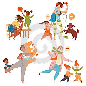 Tired Mom with Kids Feeling Stress and Exhaustion of Noisy and Naughty Toddler Vector Set