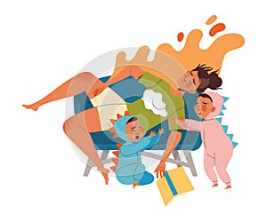 Tired Mom Lying on Sofa with Little Crying Children Feeling Stress and Exhaustion of Noisy and Naughty Kid Vector