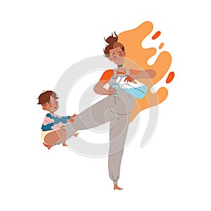 Tired Mom Pouring Milk with Little Son on Her Leg Feeling Stress and Exhaustion of Noisy and Naughty Kid Vector