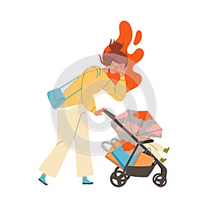 Tired Mom Pushing Baby Stroller with Shopping Bags Feeling Stress and Exhaustion of Multitasking Vector Illustration