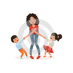 Tired mother with her capricious children, parenting stress, relationship between children and parents concept vector