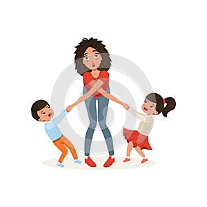 Tired mother with her capricious children, parenting stress, relationship between children and parents concept vector photo