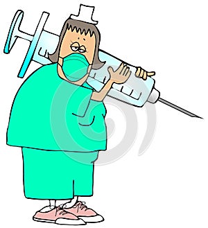 Tired nurse wearing a face mask carrying a giant syringe on her shoulder