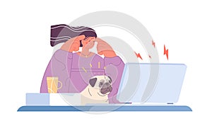 Tired office woman. Stress work, burnout and mental exhausted. Girl with indignant dog sit at computer. Workaholic or