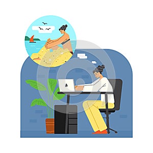 Tired office worker dreaming of sea vacation flat vector illustration isolated.