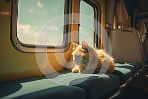 Tired old cat watching out of a window of old train or camper van, AI generative