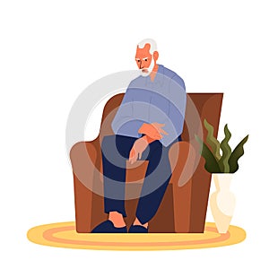 Tired old man sitting in the armchair. Eldery person with lack photo