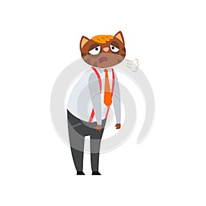 Tired overworked businessman cat, humanized animal cartoon character at work vector Illustration