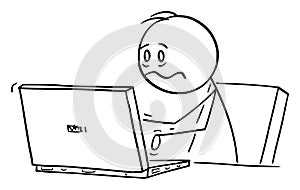 Stressed or Tired Office Worker, Man or Businessman Working on Computer, Vector Cartoon Stick Figure Illustration