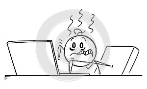 Tired, Overworked and Stressed Man is Working on Computer, Vector Cartoon Stick Figure Illustration