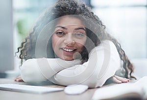 Tired overworked woman resting at workplace in office