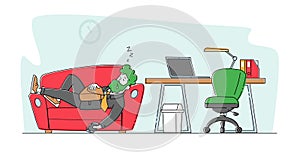 Tired Overworked Worker, Business Character Sleep on Couch near Desk. Laziness, Emotional Burnout, Employee Sleeping