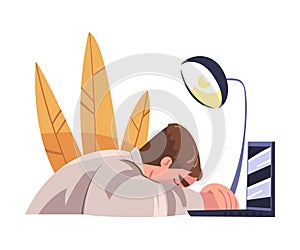 Tired Overworked Young Man Sitting at Laptop with Hang Head Vector Illustration