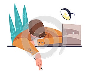 Tired Overworked Young Man Sitting at Laptop with Hang Head Vector Illustration